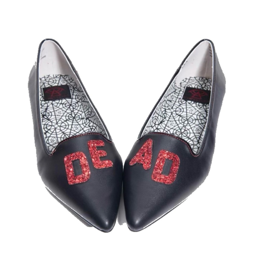 Unique Vintage Black Leatherette & Red Glitter Dagger Dead Pointed Toe Flats